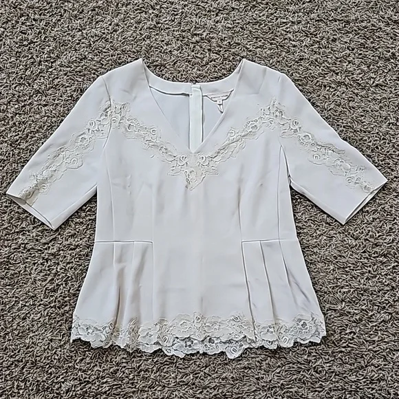 Rebecca Taylor Top Crepe Lace Inset Blouse Scallop Vneck Sz 10 Pleats Peplum - Picture 2 of 8